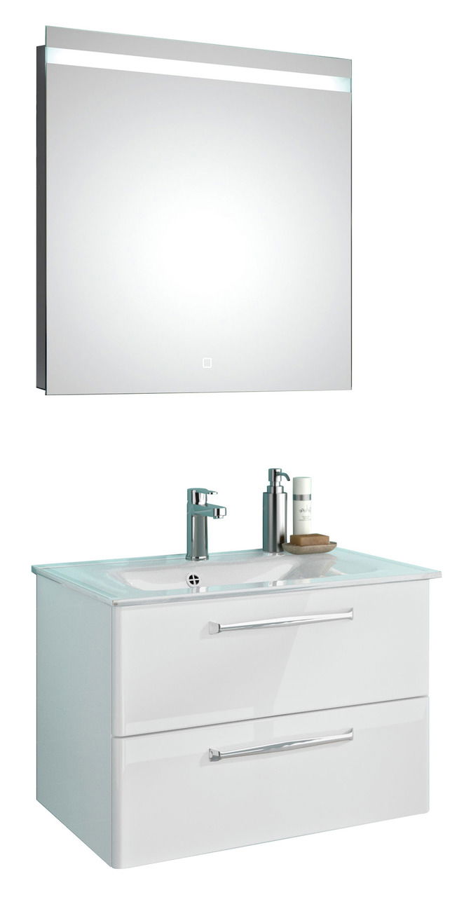 Moderner Badblock mit beleuchtetem Spiegel und Waschbeckenunterschrank, Frontalansicht