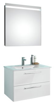 Moderner Badblock mit beleuchtetem Spiegel und Waschbeckenunterschrank, Frontalansicht