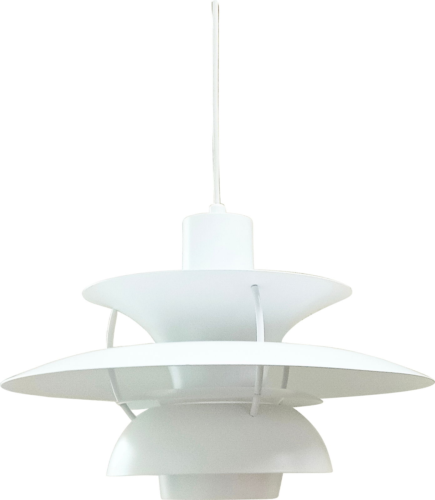 Moderne weiße Hängeleuchte mit mehreren Schirmen, seitliche Perspektive