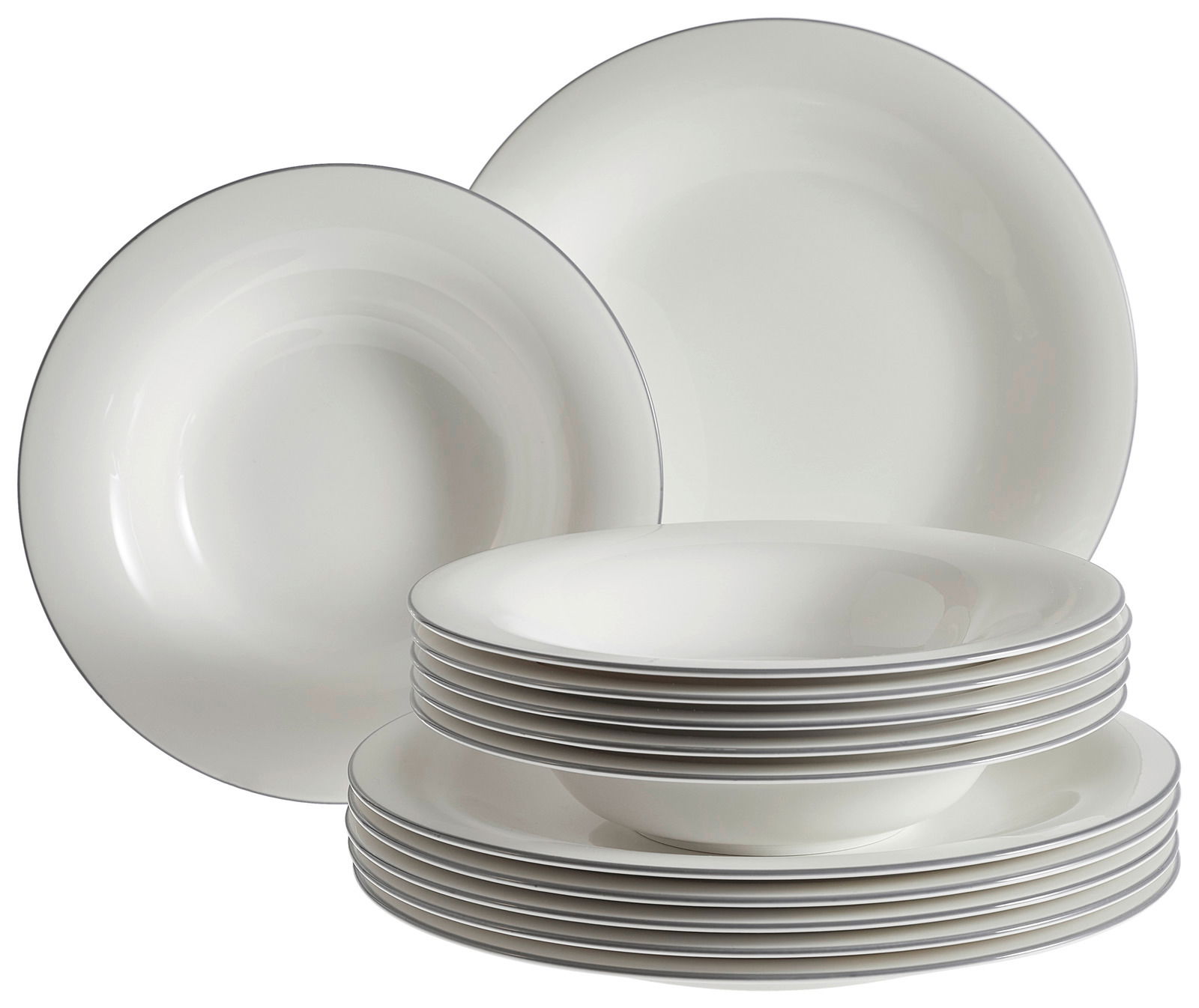 Villeroy & Boch Tafelservice 12tlg. GREY LINES Ein 12-teiliges Tafelservice aus weißem Porzellan, bestehend aus flachen und tiefen Tellern, gestapelt und frontal fotografiert.