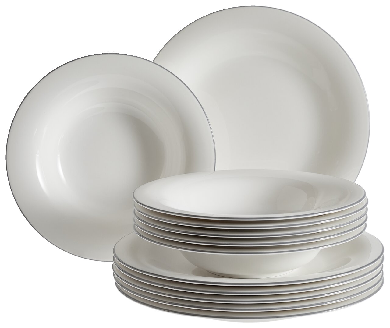 Ein 12-teiliges Tafelservice aus weißem Porzellan, bestehend aus flachen und tiefen Tellern, gestapelt und frontal fotografiert.