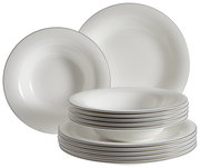 Ein 12-teiliges Tafelservice aus weißem Porzellan, bestehend aus flachen und tiefen Tellern, gestapelt und frontal fotografiert.