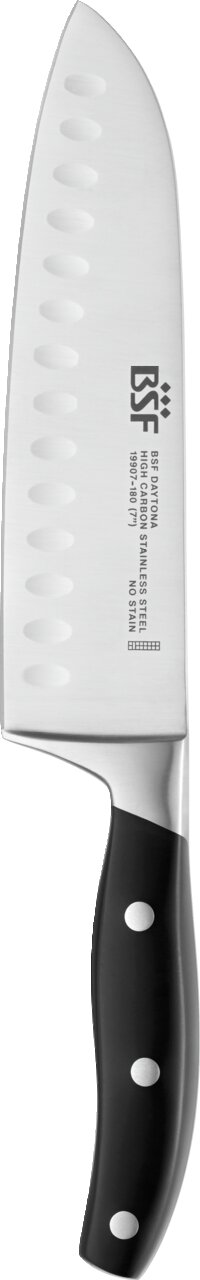 Santokumesser mit schwarzem Griff und Edelstahlklinge, seitliche Ansicht