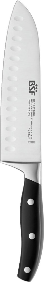 Santokumesser mit schwarzem Griff und Edelstahlklinge, seitliche Ansicht