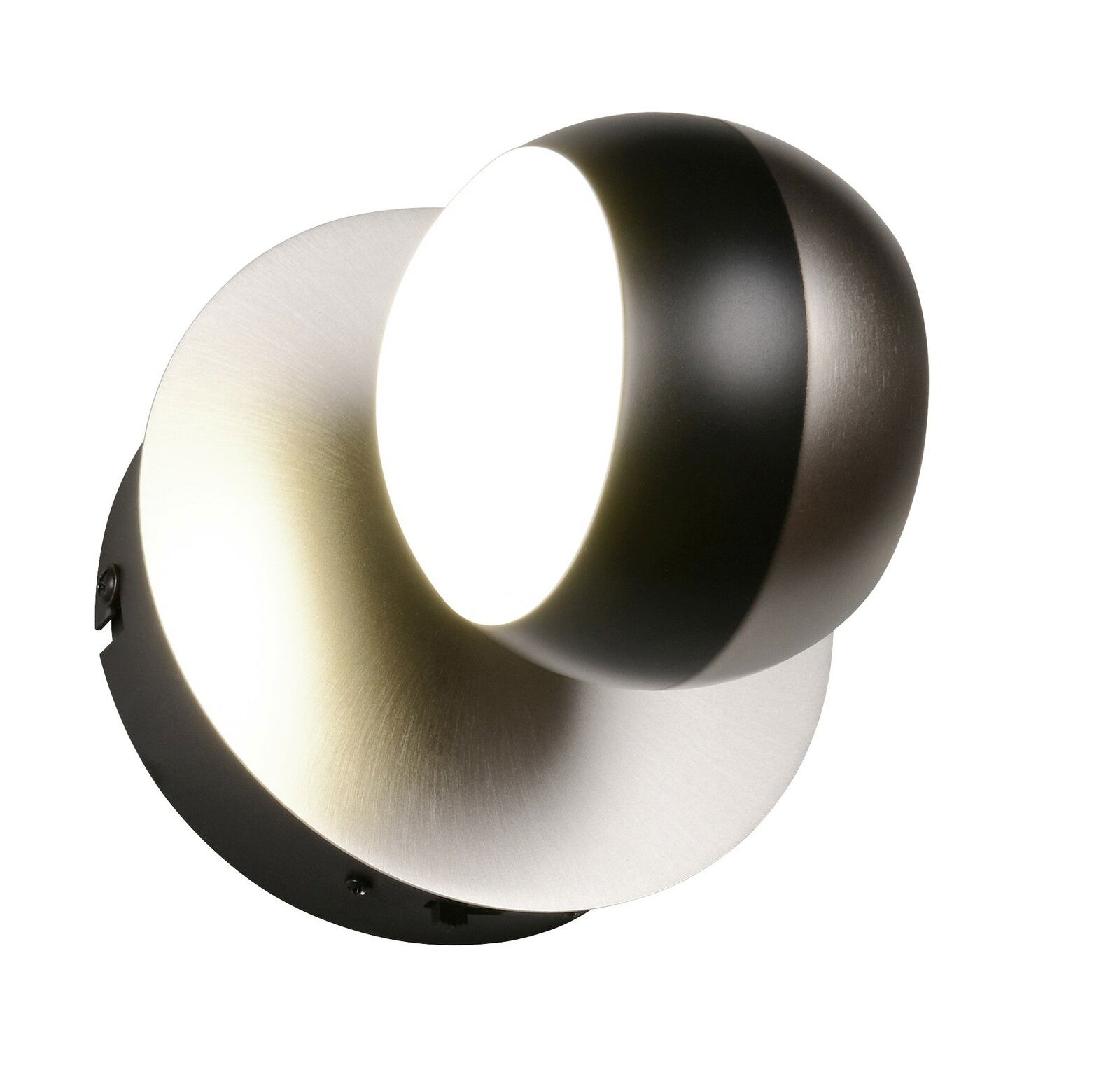 Moderne Wandleuchte ORBIT in Schwarz und Silber, seitliche Perspektive