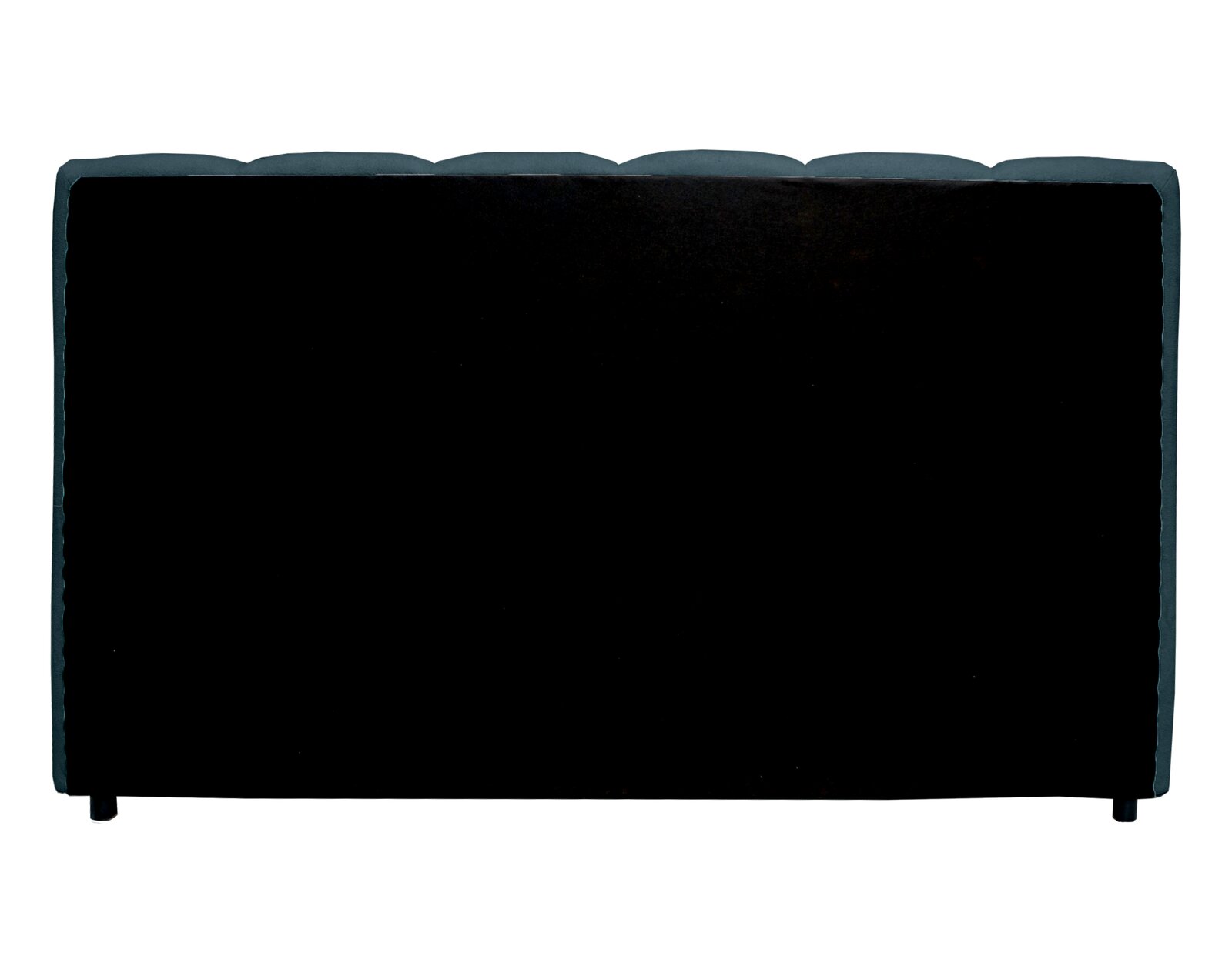 Rückansicht eines Polsterbettgestells mit schwarzem Stoffbezug und abgerundeten Ecken.