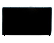 Rückansicht eines Polsterbettgestells mit schwarzem Stoffbezug und abgerundeten Ecken.