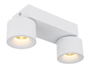 Zwei weiße LED Strahler an einer rechteckigen Halterung, seitliche Perspektive