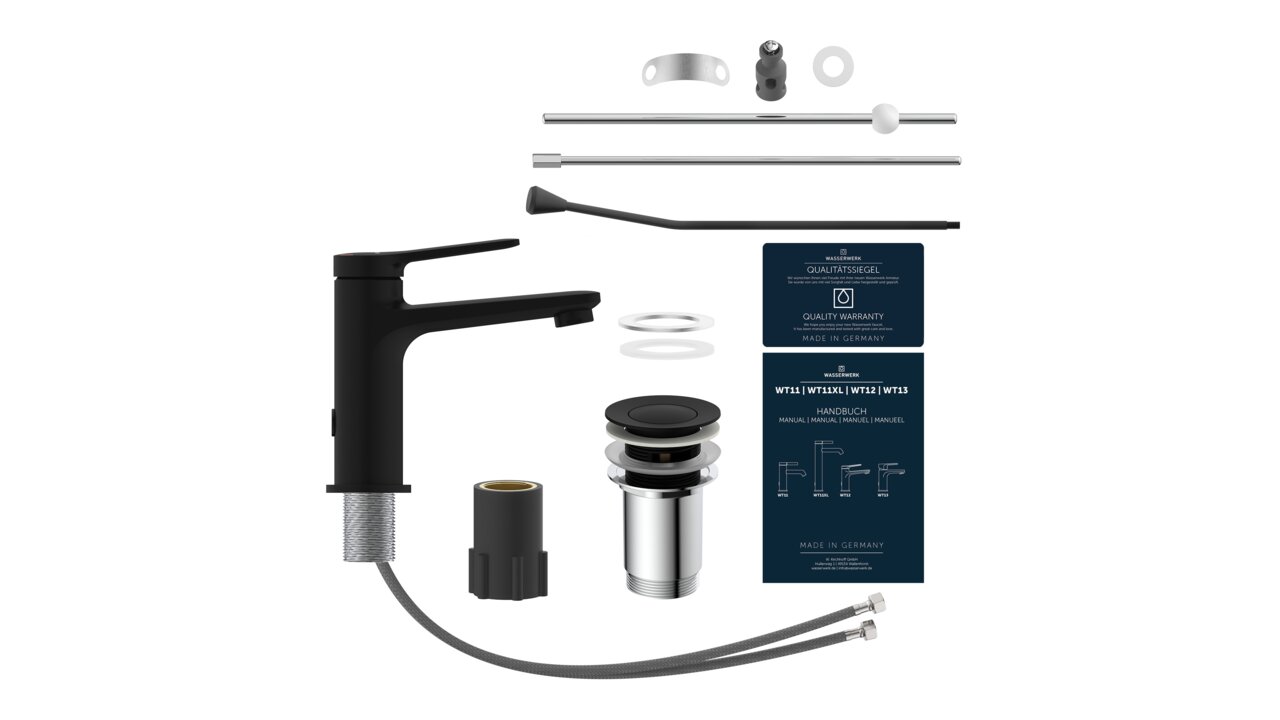 Schwarze Waschtischarmatur mit Zubehör, seitliche Perspektive