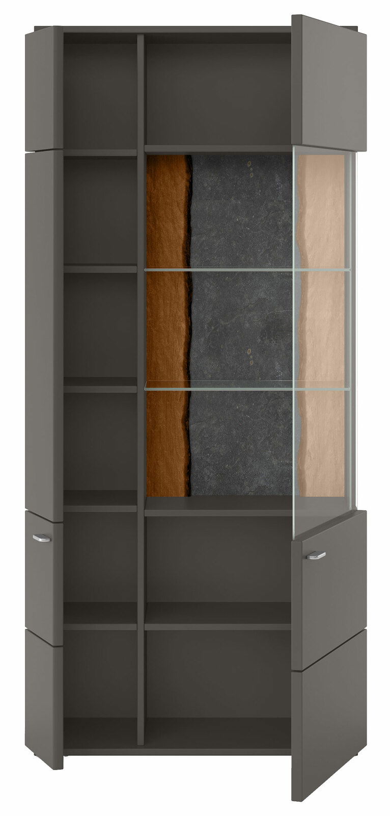 Moderne Vitrine in dunklem Grau mit Glasfront und seitlichen Regalfächern, perspektivisch von vorne rechts betrachtet.