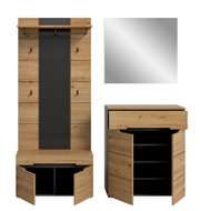Garderobenmöbel aus hellem Holz mit schwarzer Mittelblende, Hutablage und Hakenleiste, unten Schrank mit geöffneten Türen und Regalfächern; Darstellung in Frontalansicht sowie zusätzlich in schräger Seitenansicht