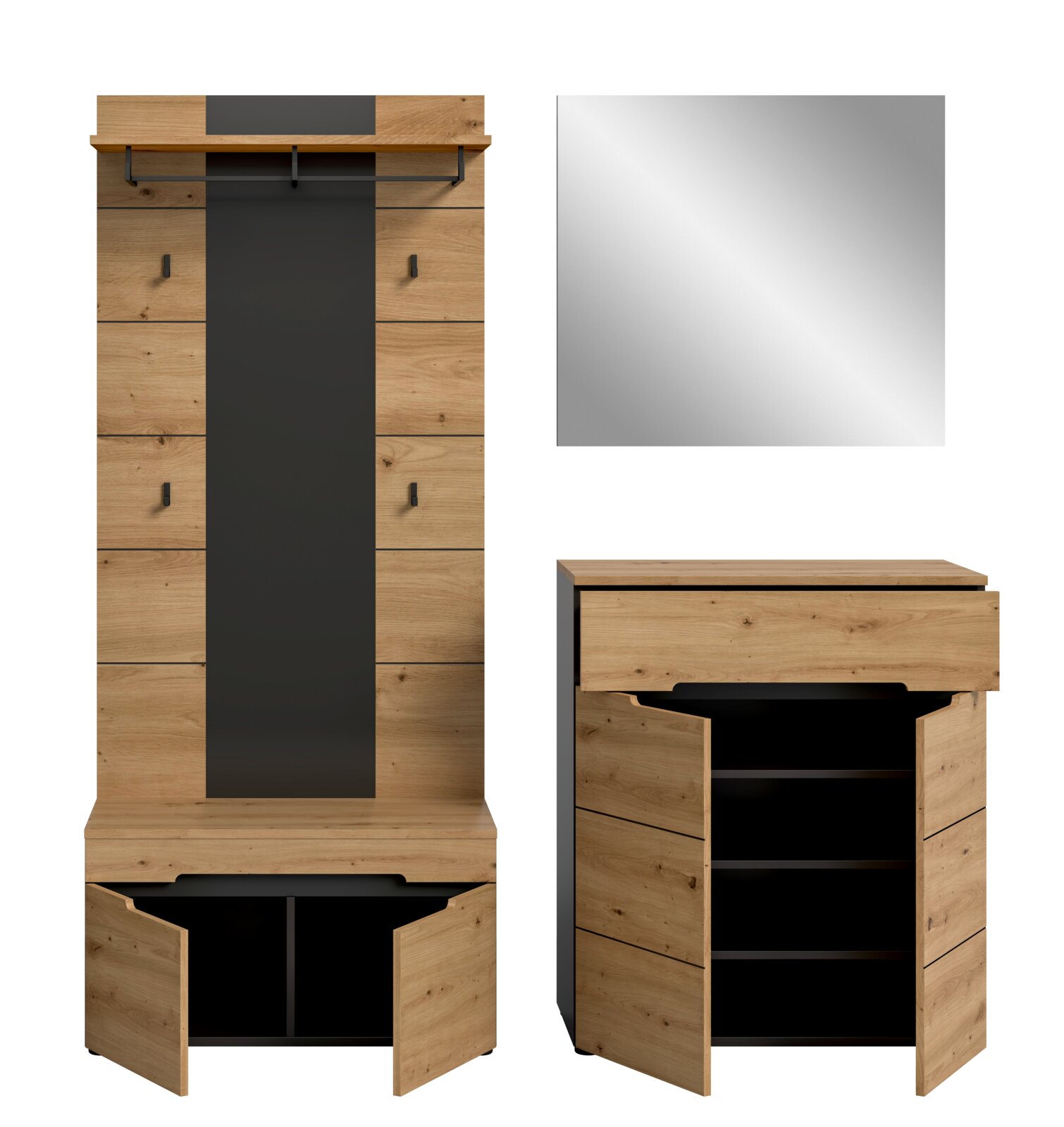 Garderobenmöbel aus hellem Holz mit schwarzer Mittelblende, Hutablage und Hakenleiste, unten Schrank mit geöffneten Türen und Regalfächern; Darstellung in Frontalansicht sowie zusätzlich in schräger Seitenansicht