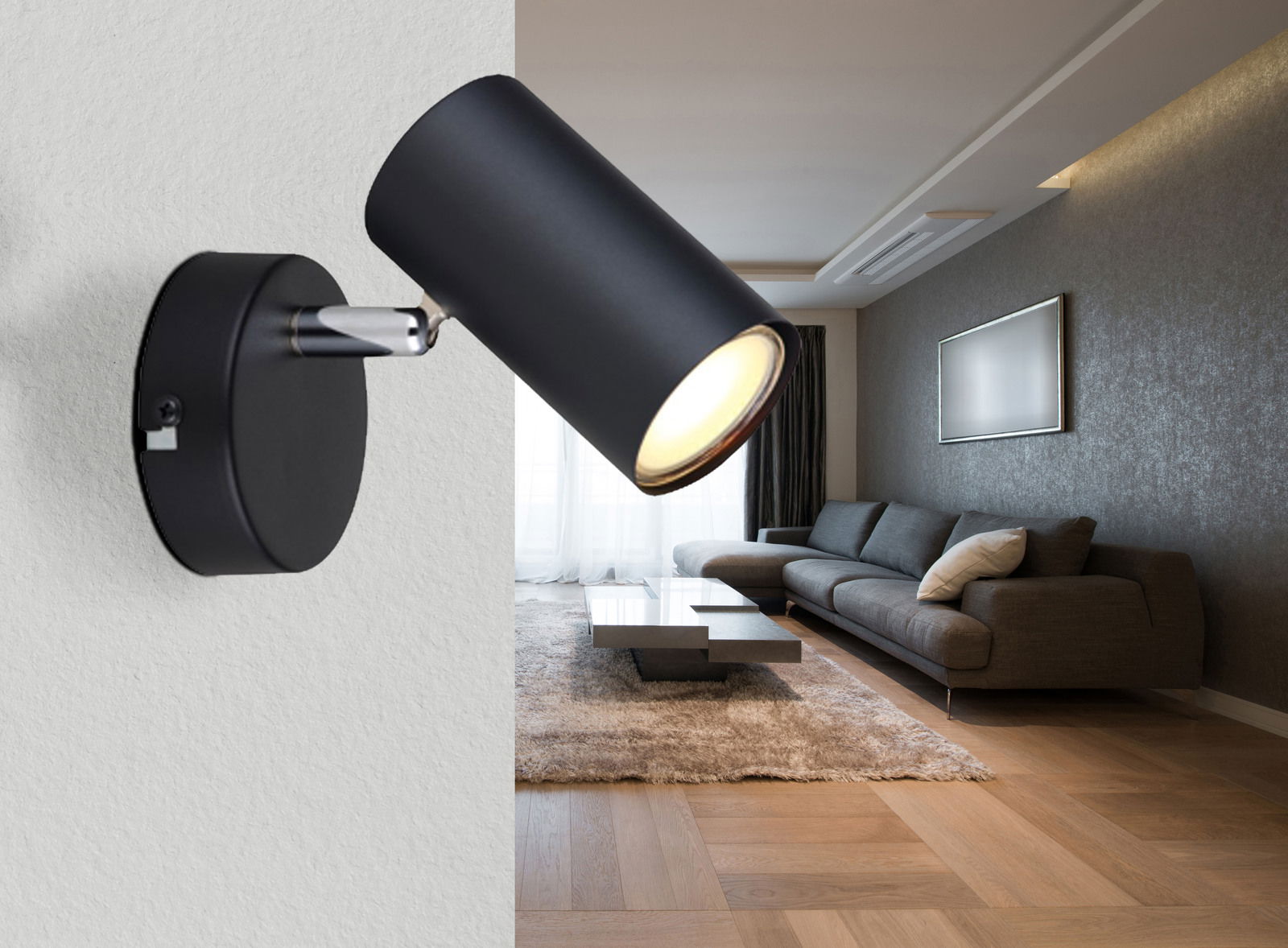 Globo Lighting Strahler ALLVI Moderner schwarzer Strahler an der Wand montiert, beleuchtet ein stilvolles Wohnzimmer aus seitlicher Perspektive.