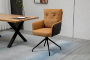 Moderner Sessel mit braunem Stoffbezug und schwarzem Metallgestell, seitliche Perspektive.