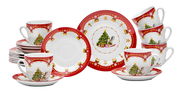 Kaffeeset Weihnachtszauber 18-teilig mit festlichem Weihnachtsbaum-Design, Tassen und Untertassen in Rot und Weiß, Vorderansicht