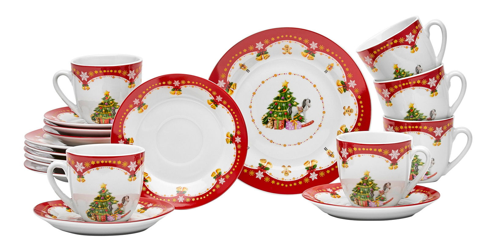 Kaffeeset Weihnachtszauber 18-teilig mit festlichem Weihnachtsbaum-Design, Tassen und Untertassen in Rot und Weiß, Vorderansicht
