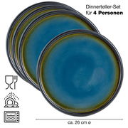 Set aus vier blauen und braunen Tellern, Draufsicht, ca. 26 cm Durchmesser, geeignet für Spülmaschine und Mikrowelle.