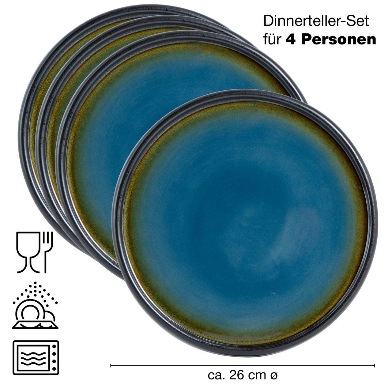 Set aus vier blauen und braunen Tellern, Draufsicht, ca. 26 cm Durchmesser, geeignet für Spülmaschine und Mikrowelle.