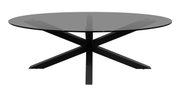 Ronde salontafel met zwart glazen blad en kruisvormig metalen onderstel, zijaanzicht