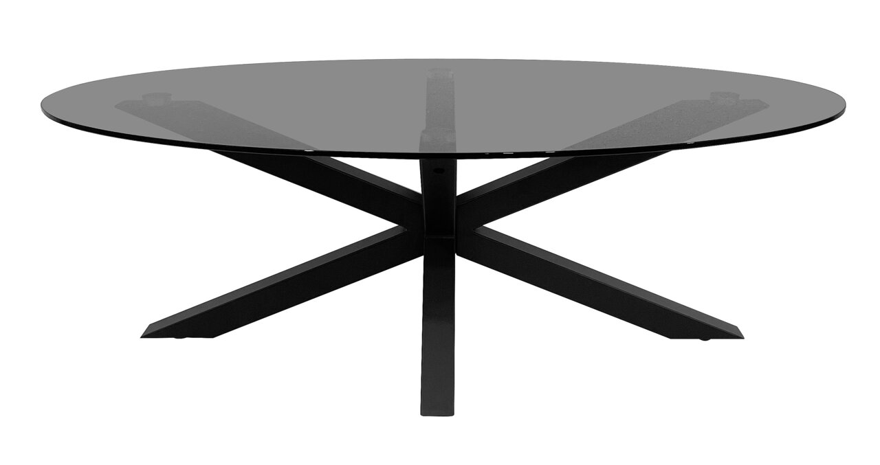 Ronde salontafel met zwart glazen blad en kruisvormig metalen onderstel, zijaanzicht