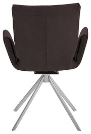 Rückansicht eines modernen Sessels mit braunem Bezug und silbernem Metallgestell.