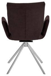 Rückansicht eines modernen Sessels mit braunem Bezug und silbernem Metallgestell.