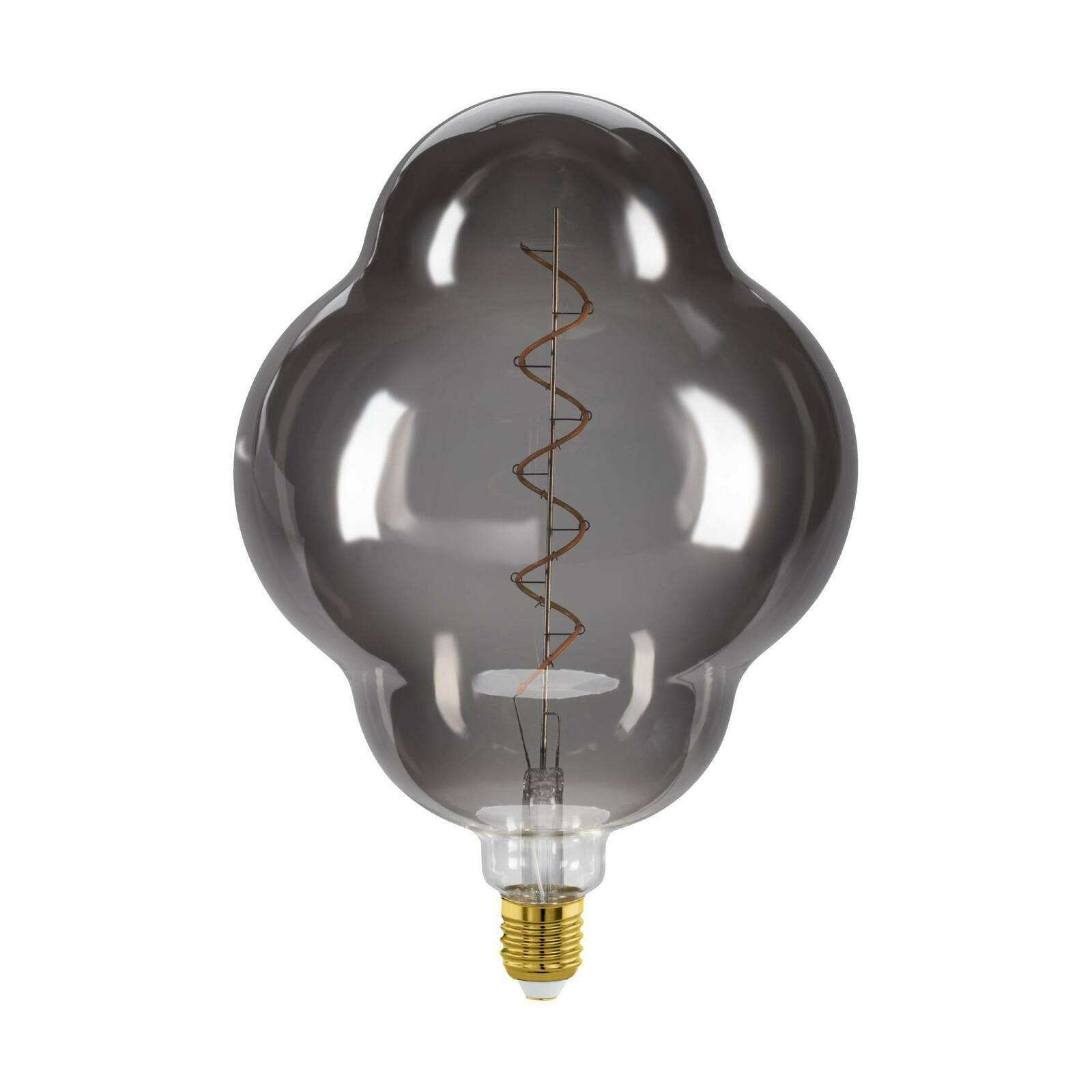 Große, dekorative Glühbirne mit spiralförmigem Filament, frontal abgebildet.