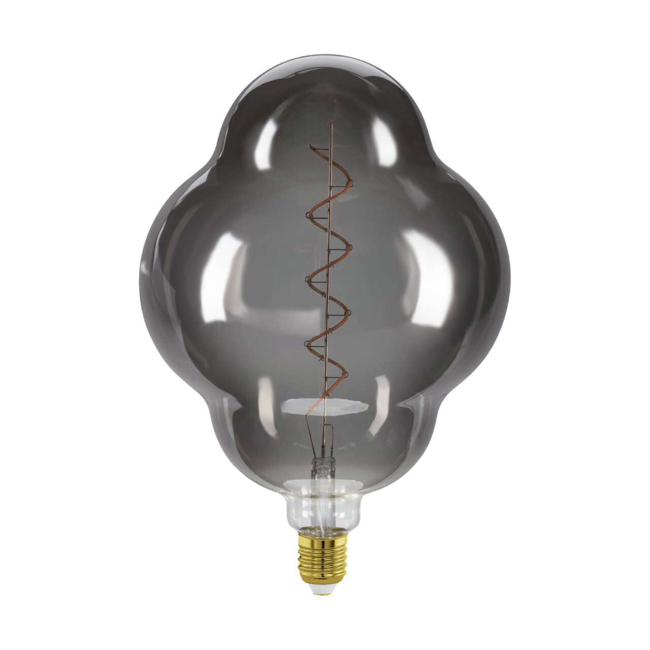 Große, dekorative Glühbirne mit spiralförmigem Filament, frontal abgebildet.