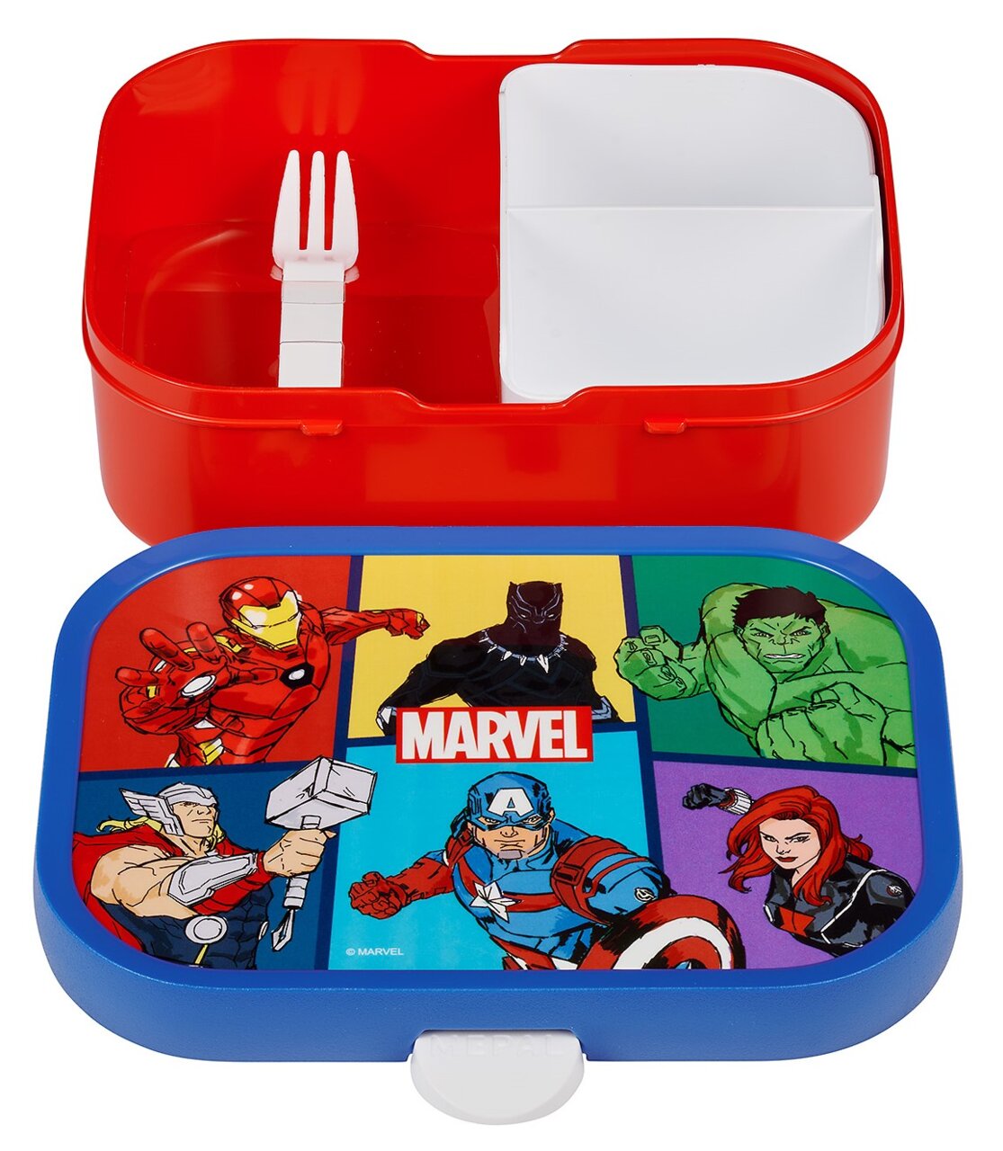 Lunchbox met Avengers-motieven, geopend, met zicht op de binnenvakken en de vork, vanuit vogelperspectief