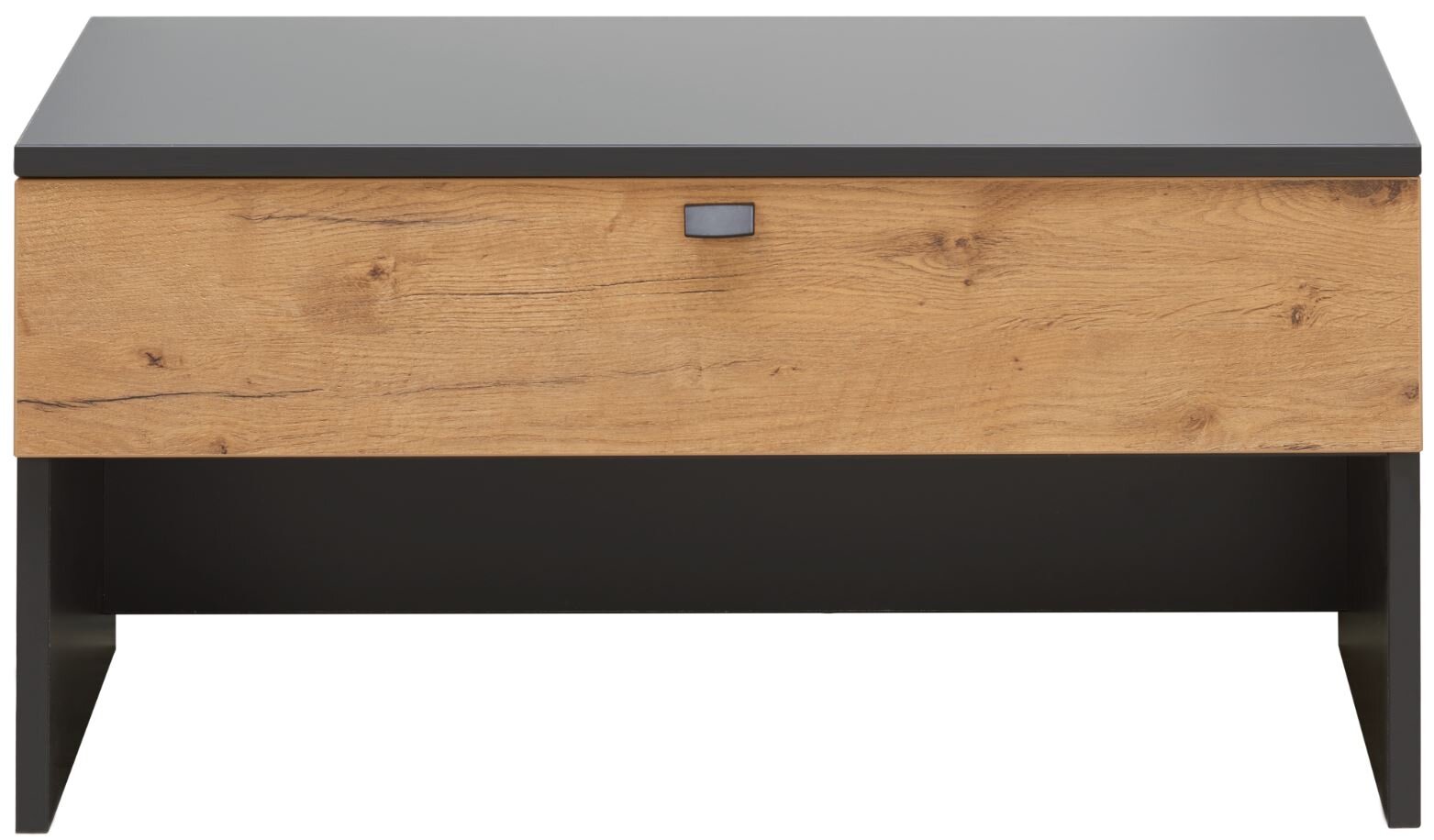 Moderano Bank BASIC Frontansicht einer modernen Bank mit schwarzer Oberfläche und Holzfront.