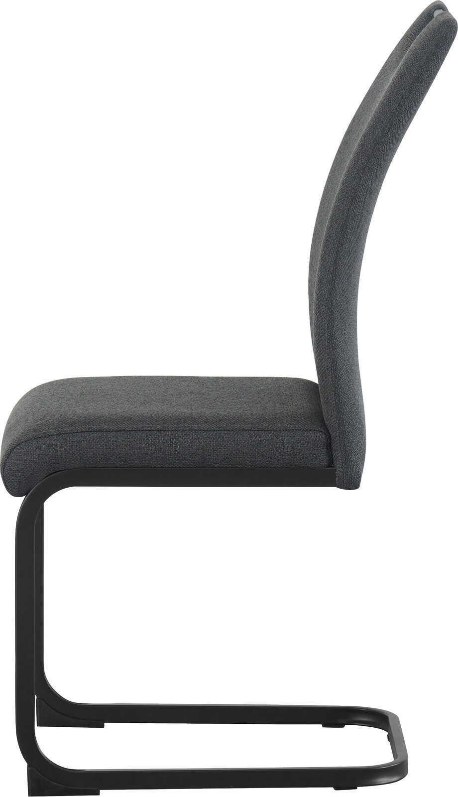 Gepolsterter Freischwinger-Stuhl mit dunkelgrauem Stoffbezug und schwarzem Metallgestell, Seitenansicht