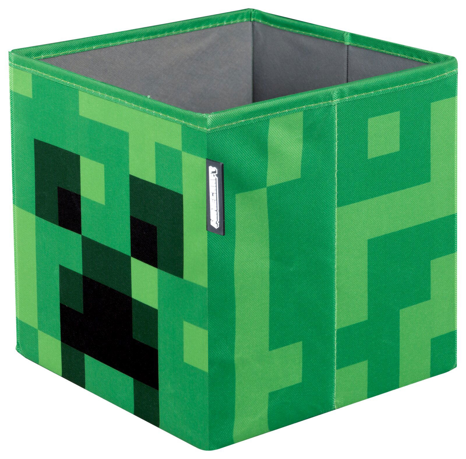Grüner, würfelförmiger Aufbewahrungskorb im Minecraft-Creeper-Design mit offenem oberen Rand, gezeigt in schräger Vorderansicht (3/4-Perspektive)