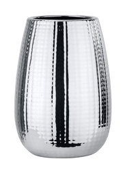 Keramik Zahnputzbecher Dakar in silberner Farbe mit vertikalen Streifen, seitliche Perspektive