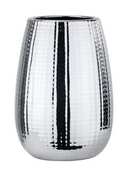 Keramik Zahnputzbecher Dakar in silberner Farbe mit vertikalen Streifen, seitliche Perspektive