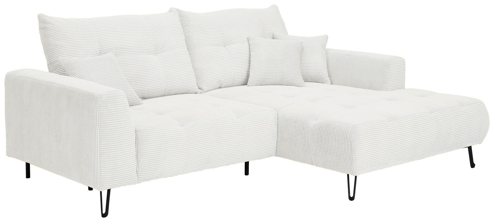 Helles, modernes Ecksofa mit Ottomane rechts, gestreiftem Stoff und schwarzen Beinen, Perspektive von vorne links.