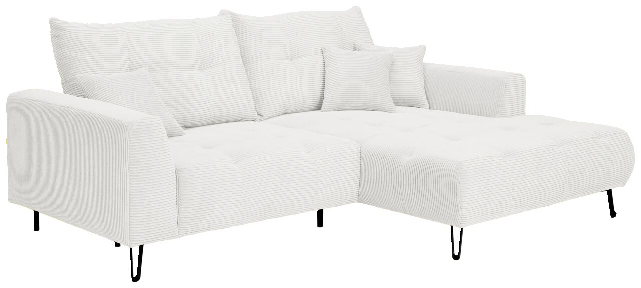 Helles, modernes Ecksofa mit Ottomane rechts, gestreiftem Stoff und schwarzen Beinen, Perspektive von vorne links.