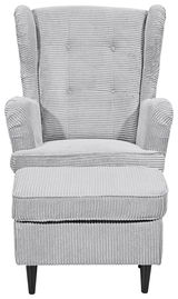 Grauer Sessel mit geripptem Stoffbezug, frontal fotografiert, mit schwarzen Beinen.