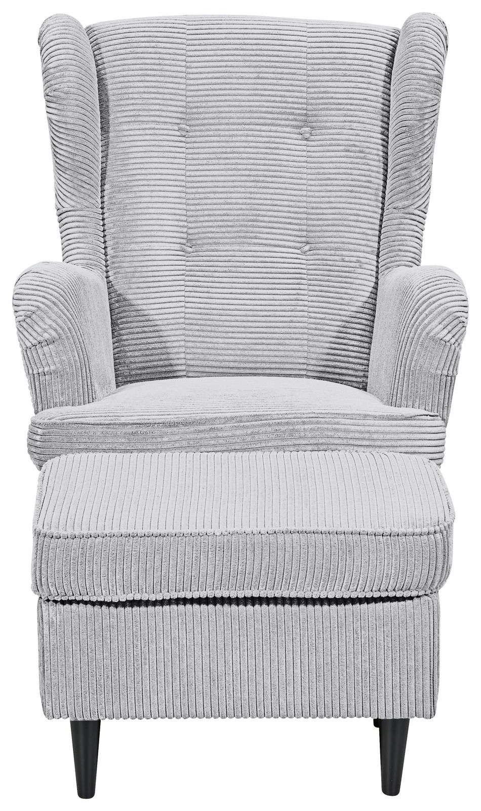 Grauer Sessel mit geripptem Stoffbezug, frontal fotografiert, mit schwarzen Beinen.