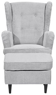 Grauer Sessel mit geripptem Stoffbezug, frontal fotografiert, mit schwarzen Beinen.