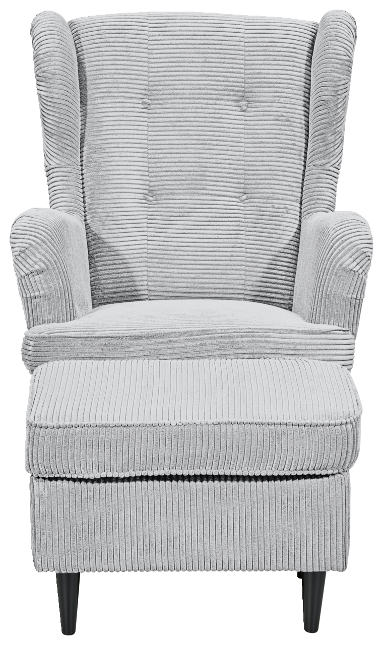 Grauer Sessel mit geripptem Stoffbezug, frontal fotografiert, mit schwarzen Beinen.