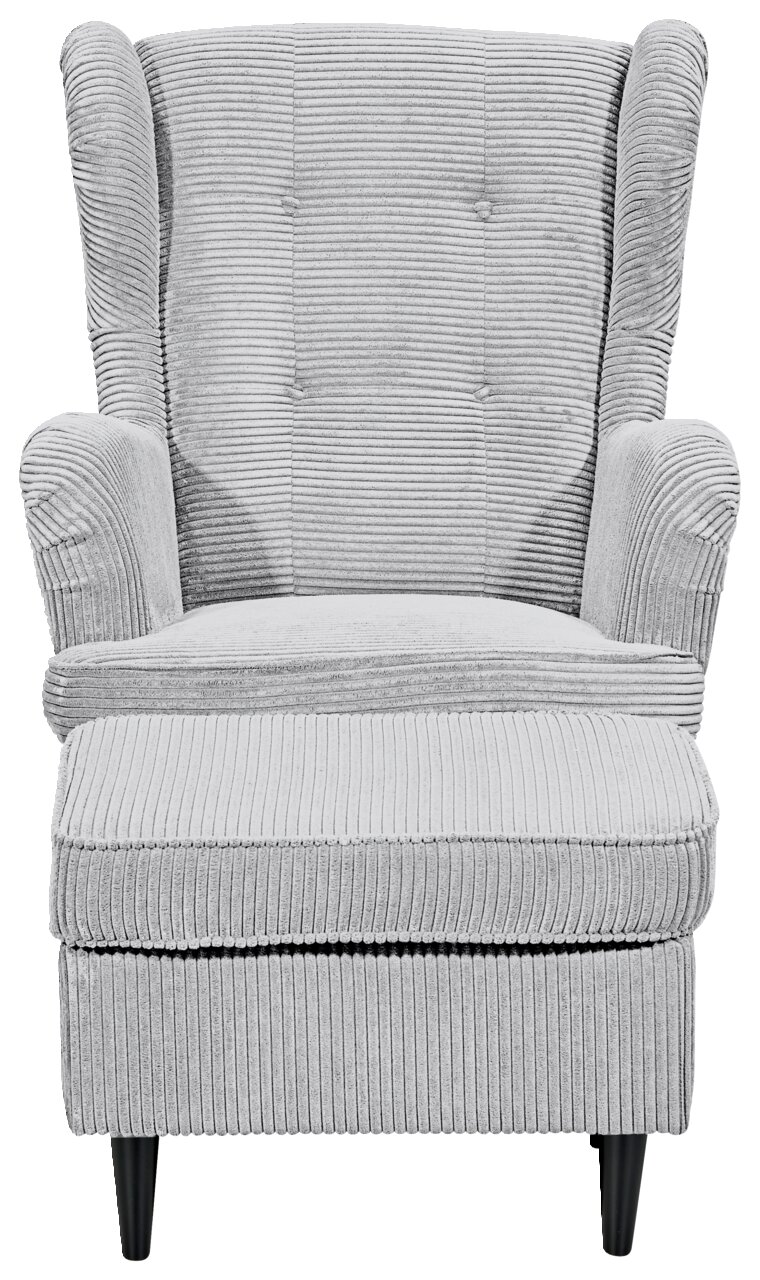 Grauer Sessel mit geripptem Stoffbezug, frontal fotografiert, mit schwarzen Beinen.