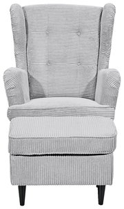 Grauer Sessel mit geripptem Stoffbezug, frontal fotografiert, mit schwarzen Beinen.