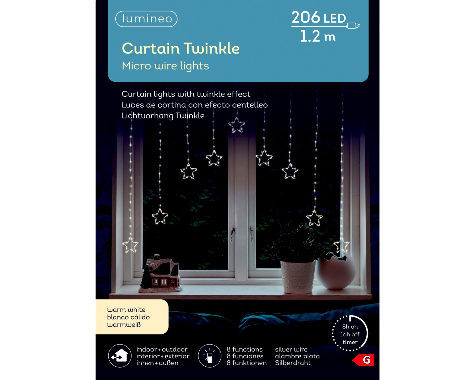 Vooraanzicht van Lumineo Curtain Twinkle lichtgordijn met 206 warmwitte micro-leds en verlichte sterren, 1,2 meter lang, zilverdraad, 8 functies en timer voor binnen en buiten