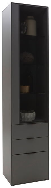 Moderne schwarze Vitrine mit Glastür und drei Schubladen, seitliche Perspektive