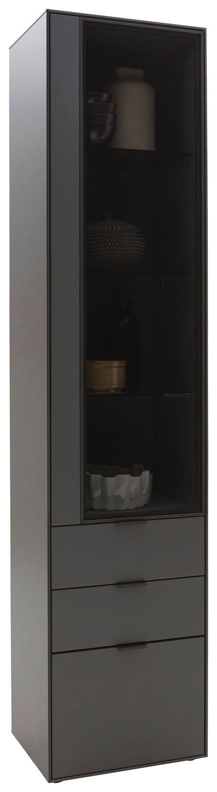 Moderne schwarze Vitrine mit Glastür und drei Schubladen, seitliche Perspektive