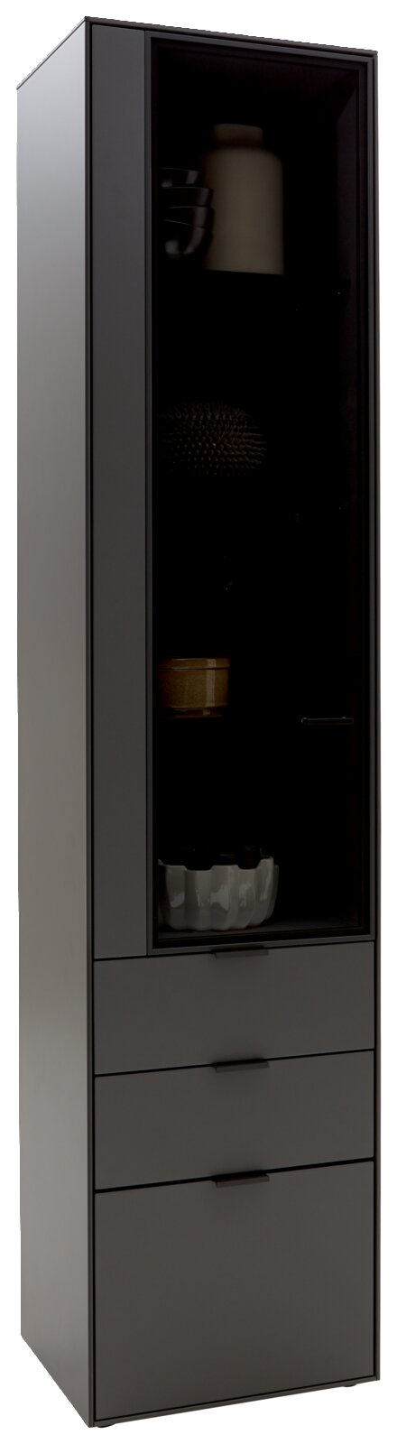 Dieter Knoll Vitrine RINA Moderne zwarte vitrinekast met glazen deur en drie lades, zijaanzicht