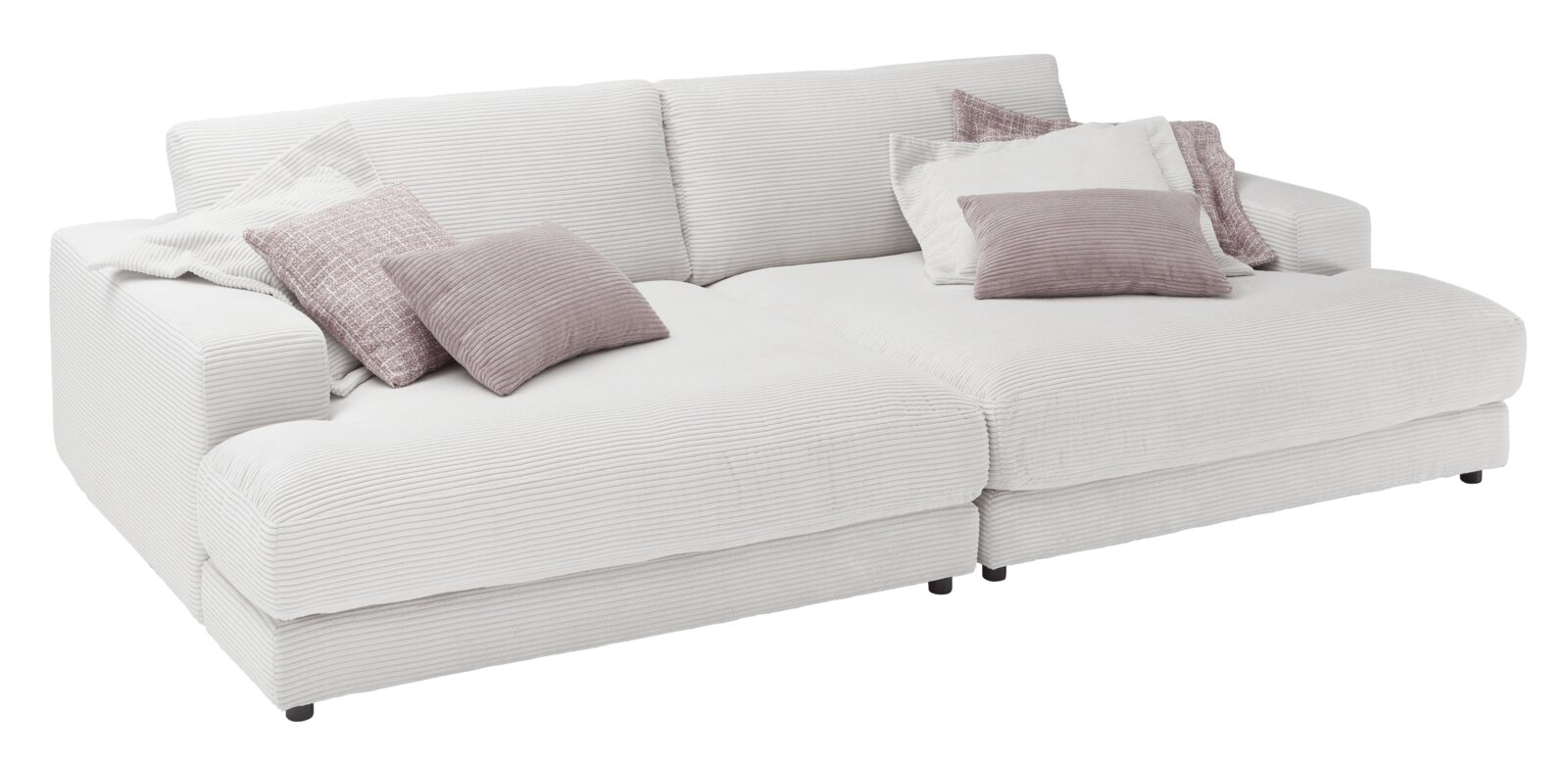 Großes, weißes Megasofa mit mehreren Kissen in verschiedenen Pastelltönen, seitliche Perspektive.