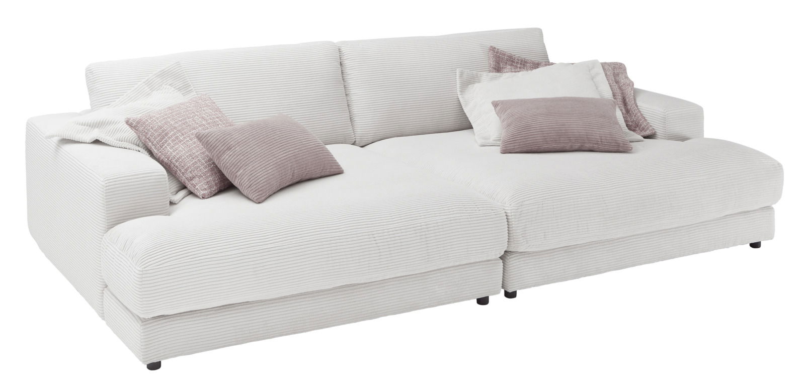 Großes, weißes Megasofa mit mehreren Kissen in verschiedenen Pastelltönen, seitliche Perspektive.