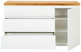 Weißes Sideboard mit drei offenen Schubladen und einer offenen Tür, Holzplatte oben, Frontalansicht
