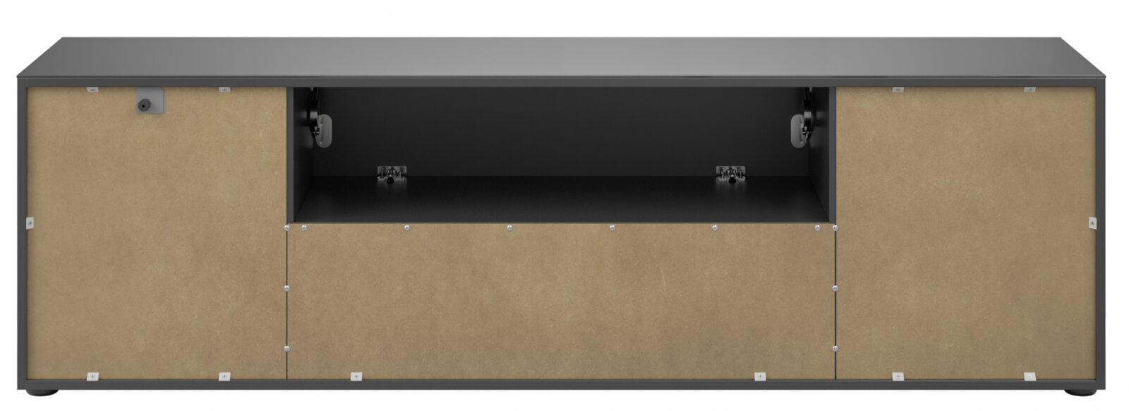 TV-Lowboard in Frontalansicht mit offenen Fächern und Türen in Holzoptik.